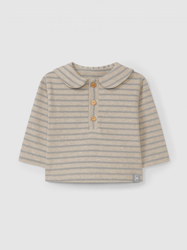 Longsleeve de riscas em jersey cardado com gola de marinheiro Longsleeve de riscas em jersey cardado com gola de marinheiro