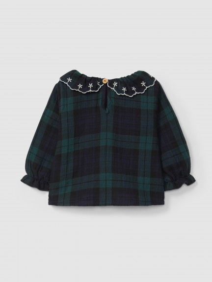 Check blouse ruffled collar with embroidery Check blouse ruffled collar with embroidery