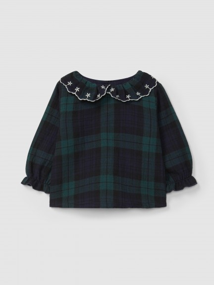 Check blouse ruffled collar with embroidery