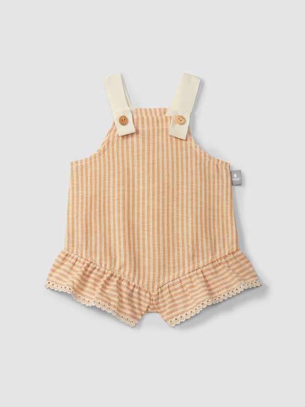 Overalls in striped fabric and English embroidery detail