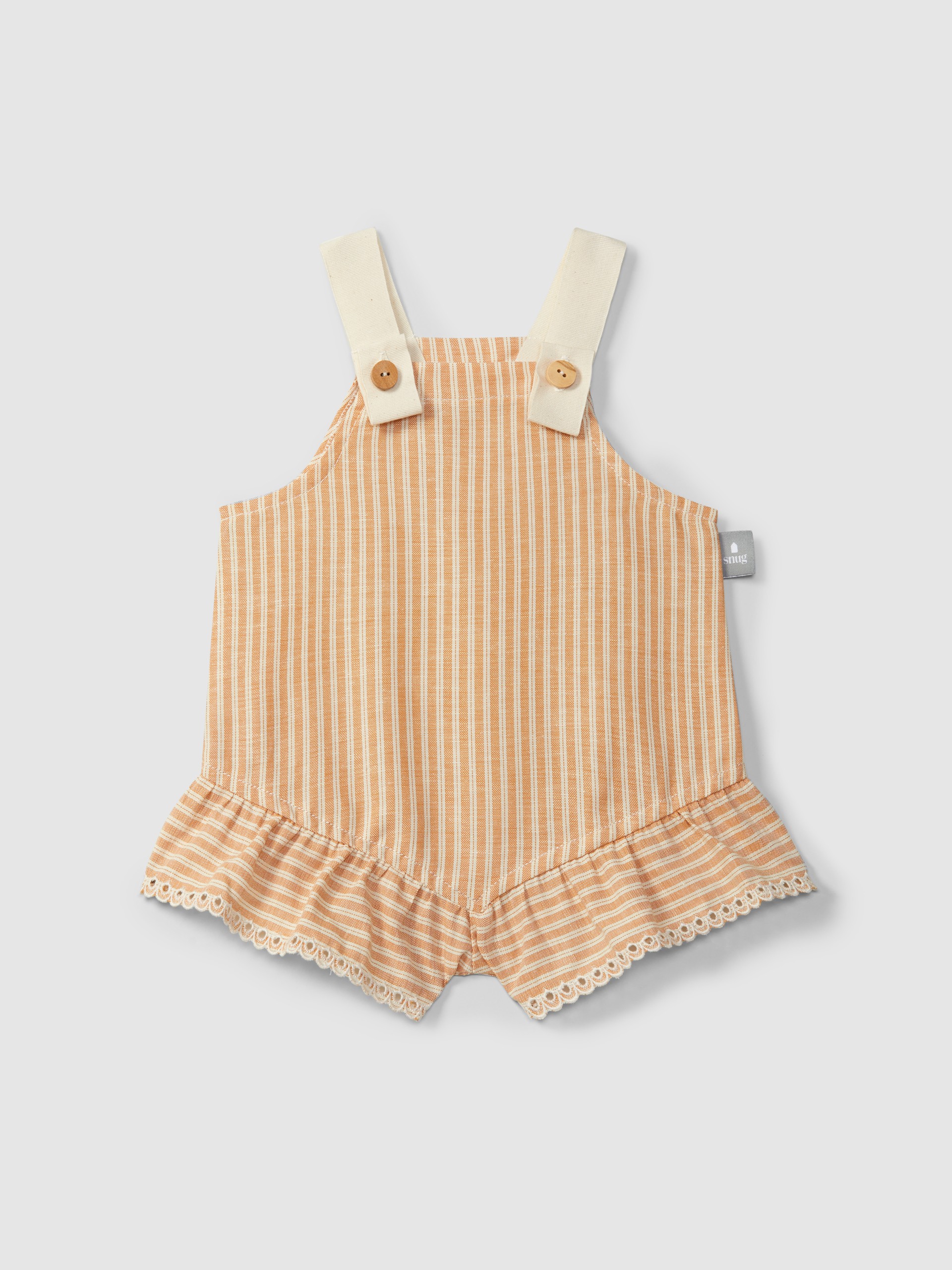 Overalls in striped fabric and English embroidery detail