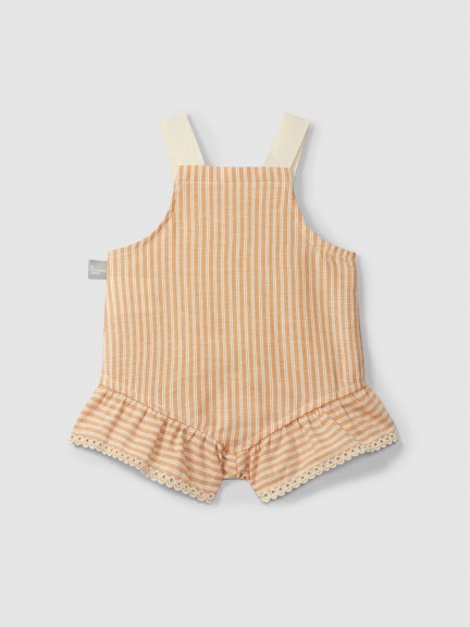 Overalls in striped fabric and English embroidery detail Overalls in striped fabric and English embroidery detail