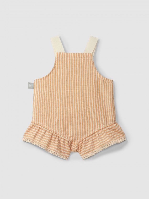 Overalls in striped fabric and English embroidery detail