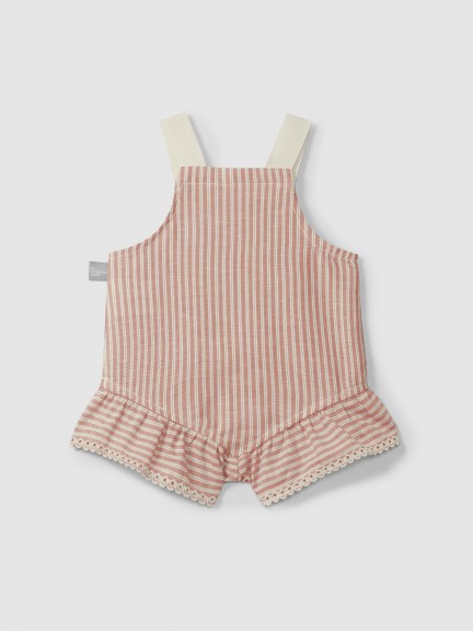 Overalls in striped fabric and English embroidery detail Overalls in striped fabric and English embroidery detail