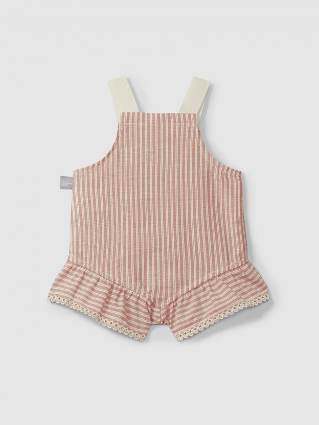 Overalls in striped fabric and English embroidery detail