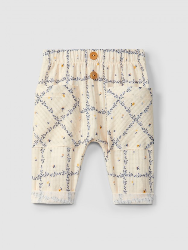 Pull-up pants printed textured cotton