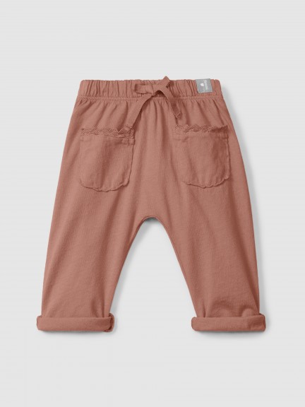 Plain jersey pull-up pants with embroidered details