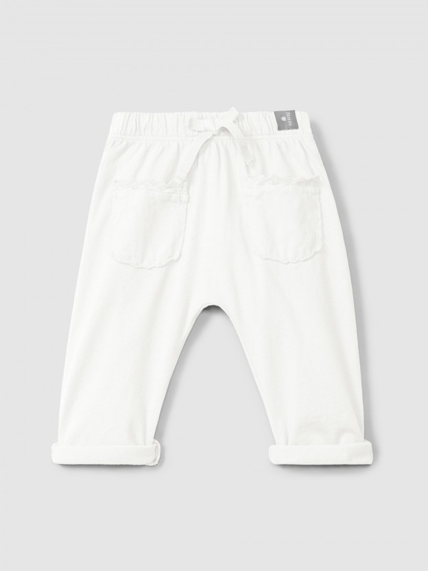 Plain jersey pull-up pants with embroidered details