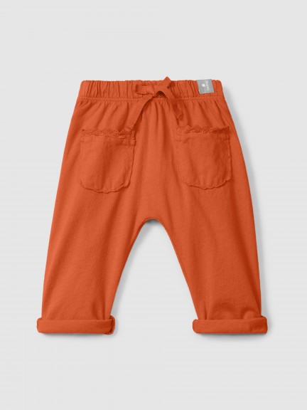 Plain jersey pull-up pants with embroidered details