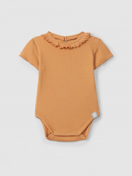 Bodysuit in ribbed jersey with English embroidery collar