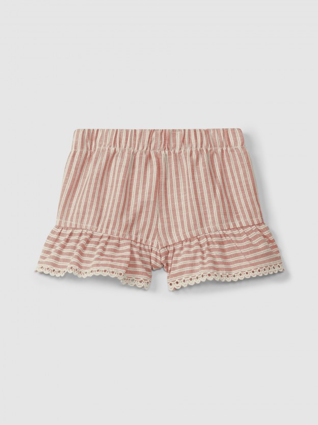 Pull-up shorts in striped fabric and English embroidery detail Pull-up shorts in striped fabric and English embroidery detail
