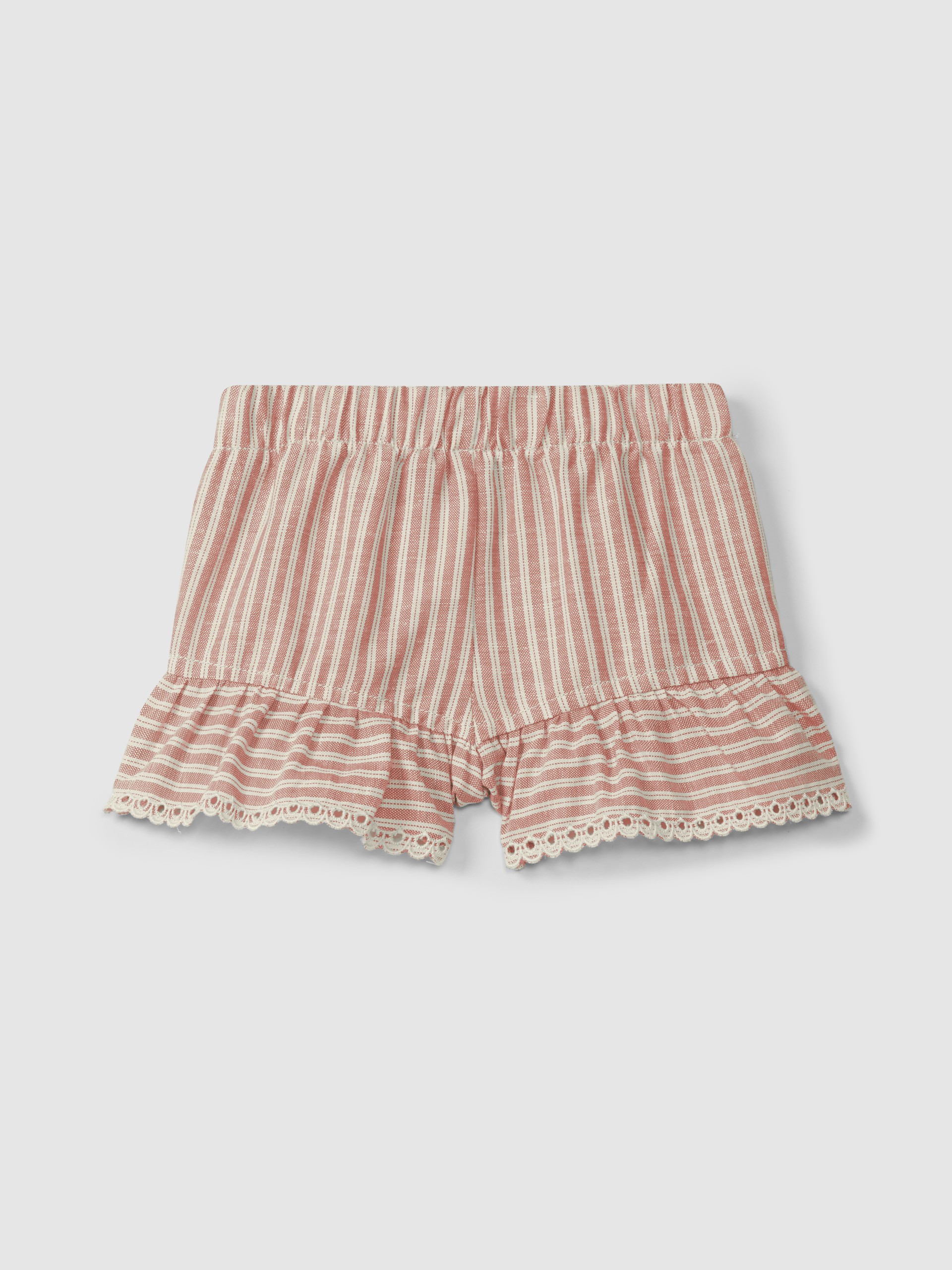 Pull-up shorts in striped fabric and English embroidery detail