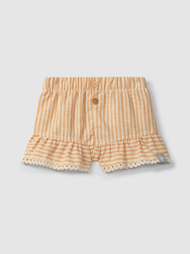 Pull-up shorts in striped fabric and English embroidery detail