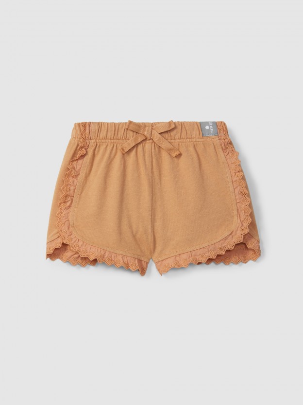 Plain jersey pull-up shorts with embroidered details Plain jersey pull-up shorts with embroidered details