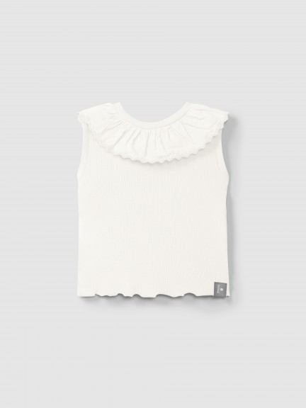 Singlet in ribbed jersey with English embroidery collar