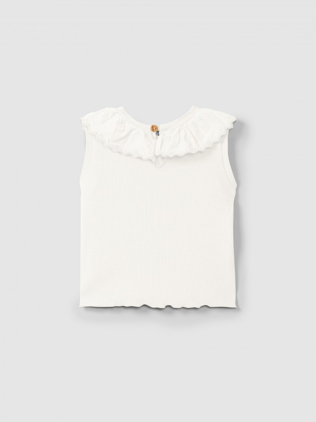 Singlet in ribbed jersey with English embroidery collar
