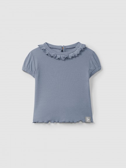 T-shirt in ribbed jersey and English embroidery collar T-shirt in ribbed jersey and English embroidery collar