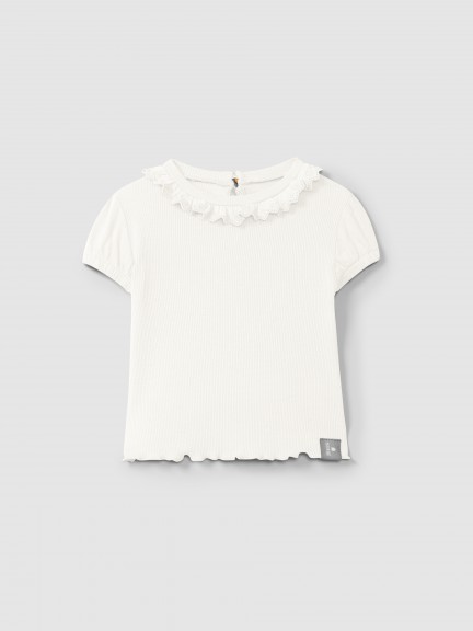 T-shirt in ribbed jersey and English embroidery collar
