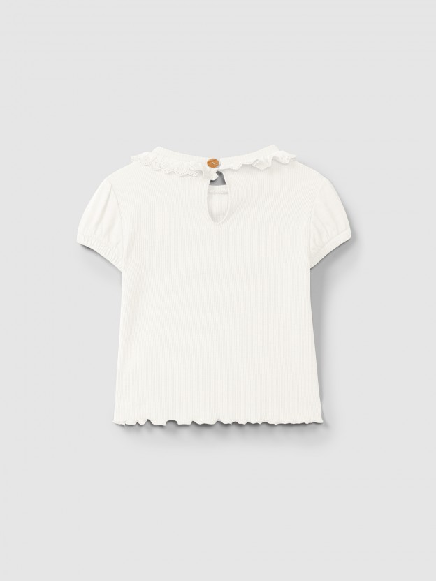 T-shirt in ribbed jersey and English embroidery collar