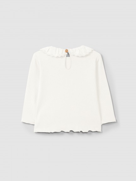 Longsleeve em malha canelada com gola de bordado inglês Longsleeve em malha canelada com gola de bordado inglês
