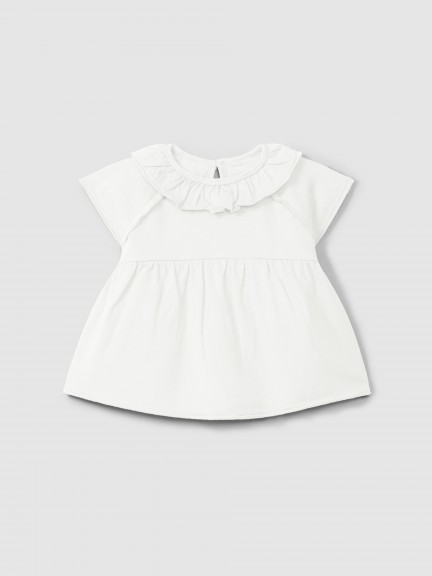Plain jersey T-shirt with ruffled collar