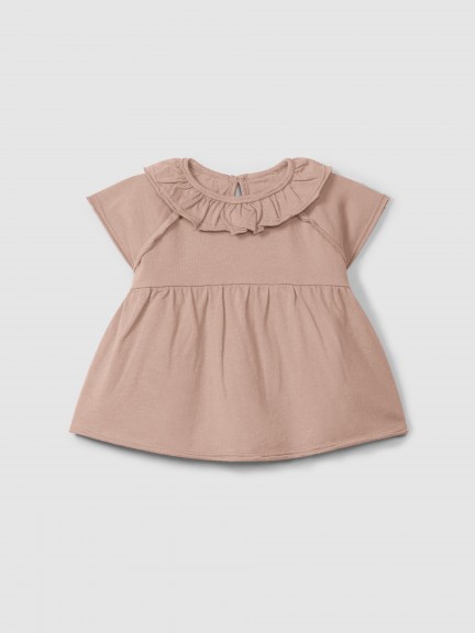 Plain jersey T-shirt with ruffled collar