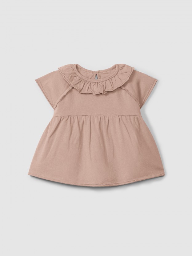 Plain jersey T-shirt with ruffled collar
