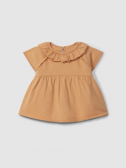 Plain jersey T-shirt with ruffled collar