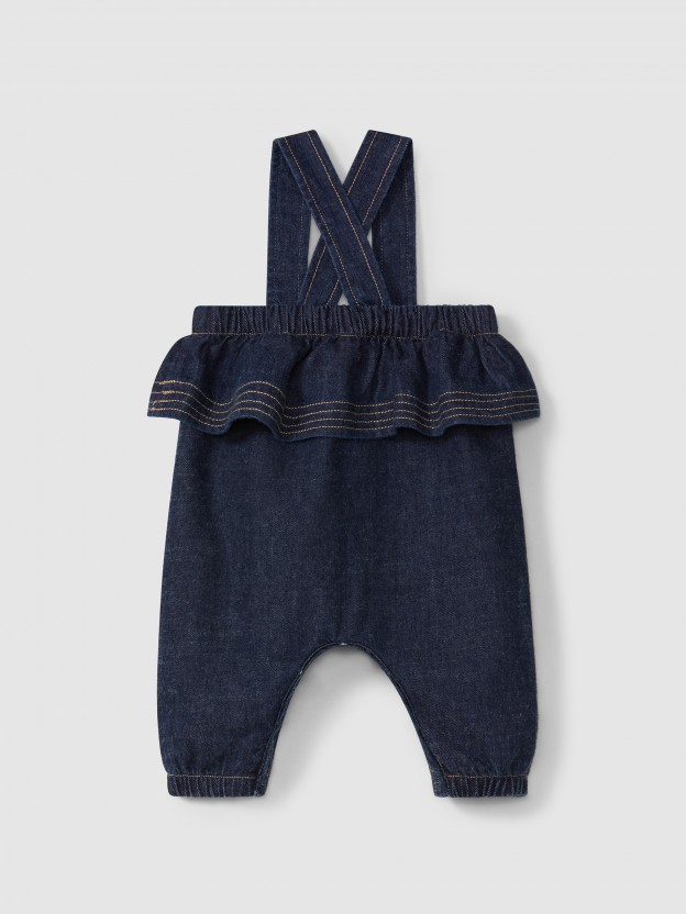 Dungarees with ruffle in organic cotton denim Dungarees with ruffle in organic cotton denim