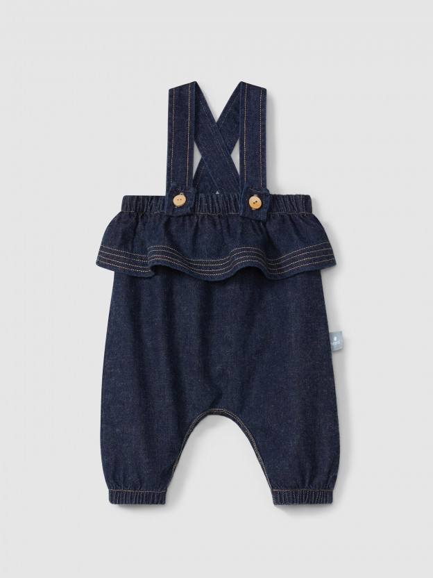 Dungarees with ruffle in organic cotton denim Dungarees with ruffle in organic cotton denim