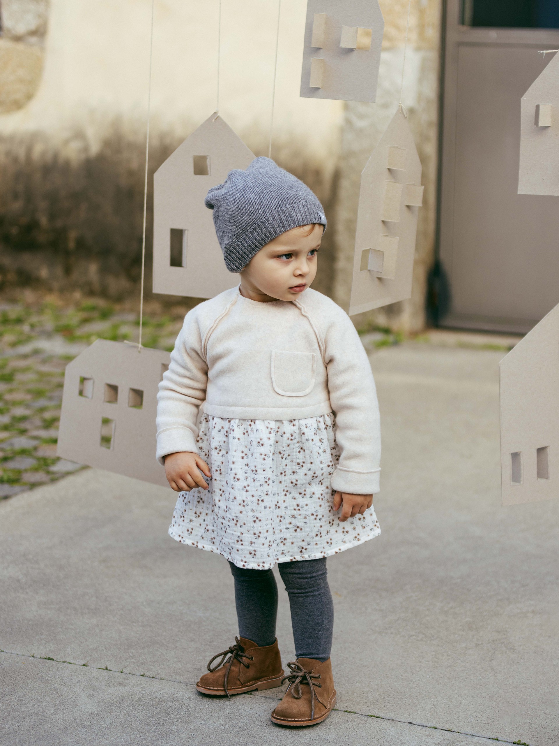 Floral muslin and organic cotton fleece dress