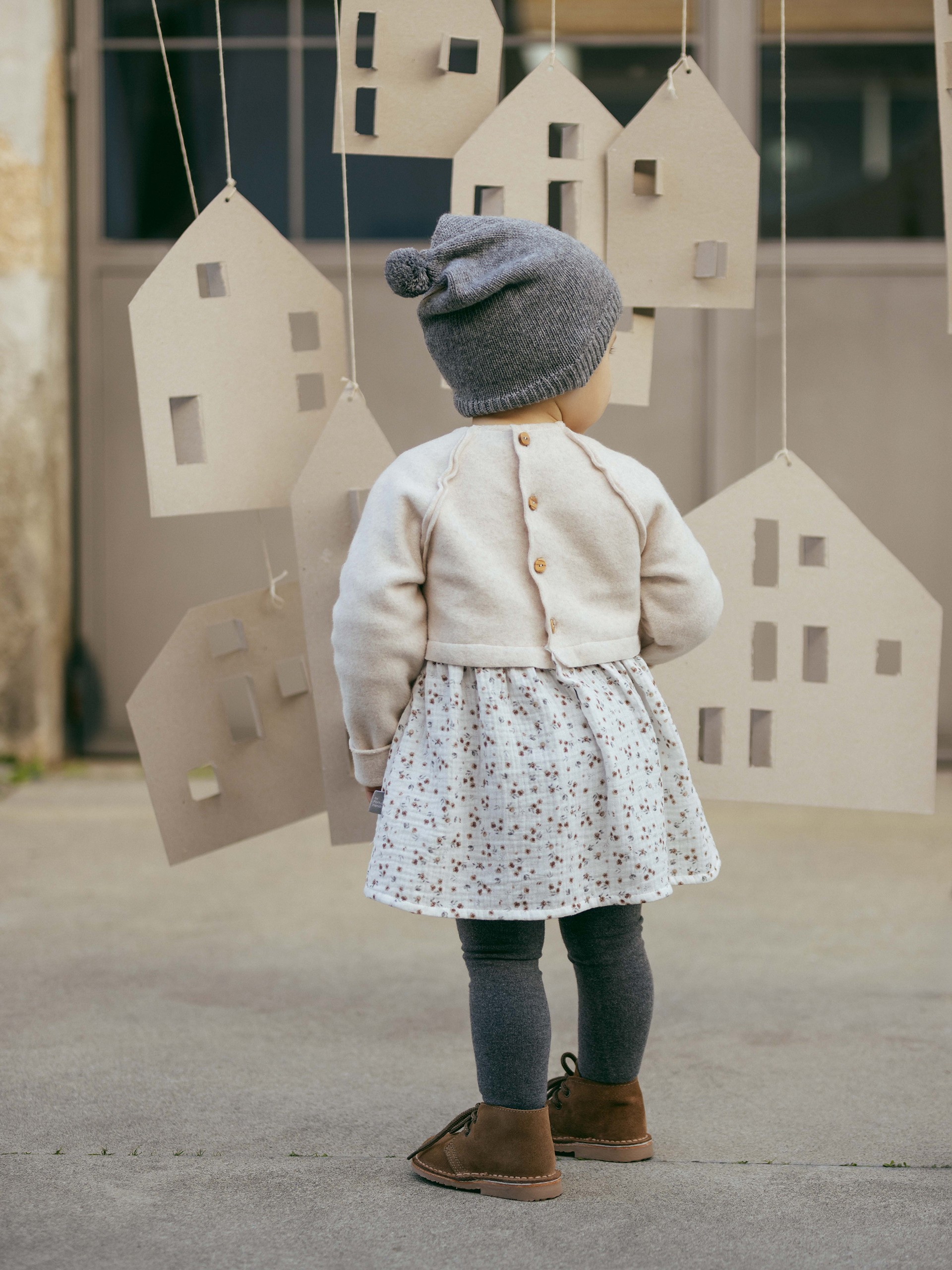 Floral muslin and organic cotton fleece dress
