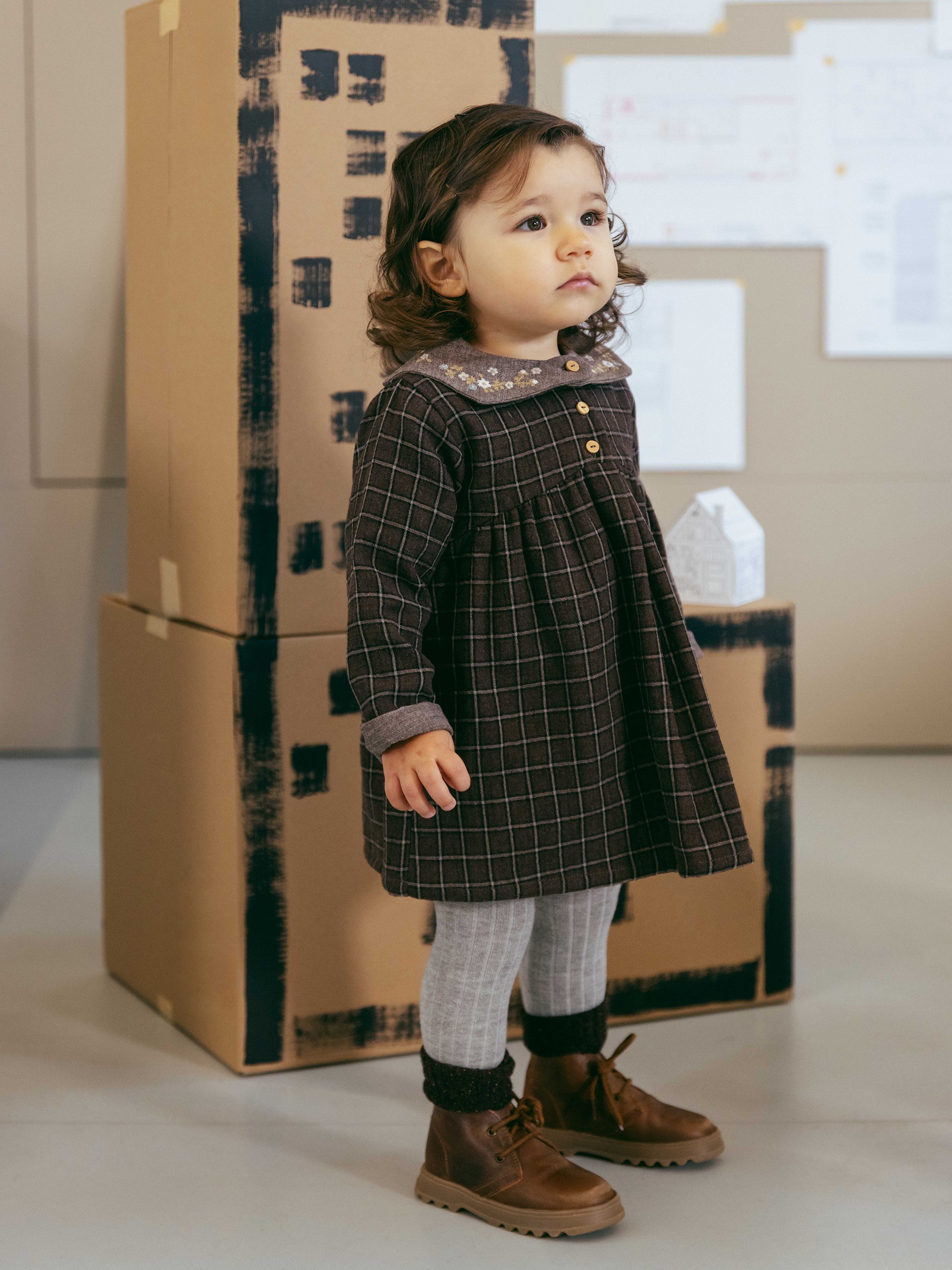 Check dress with embroidered floral detail