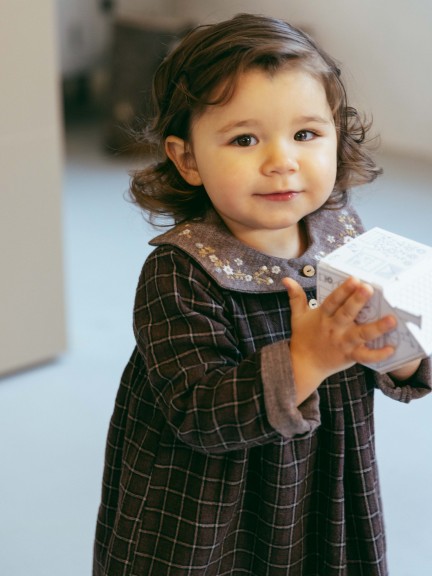 Check dress with embroidered floral detail Check dress with embroidered floral detail