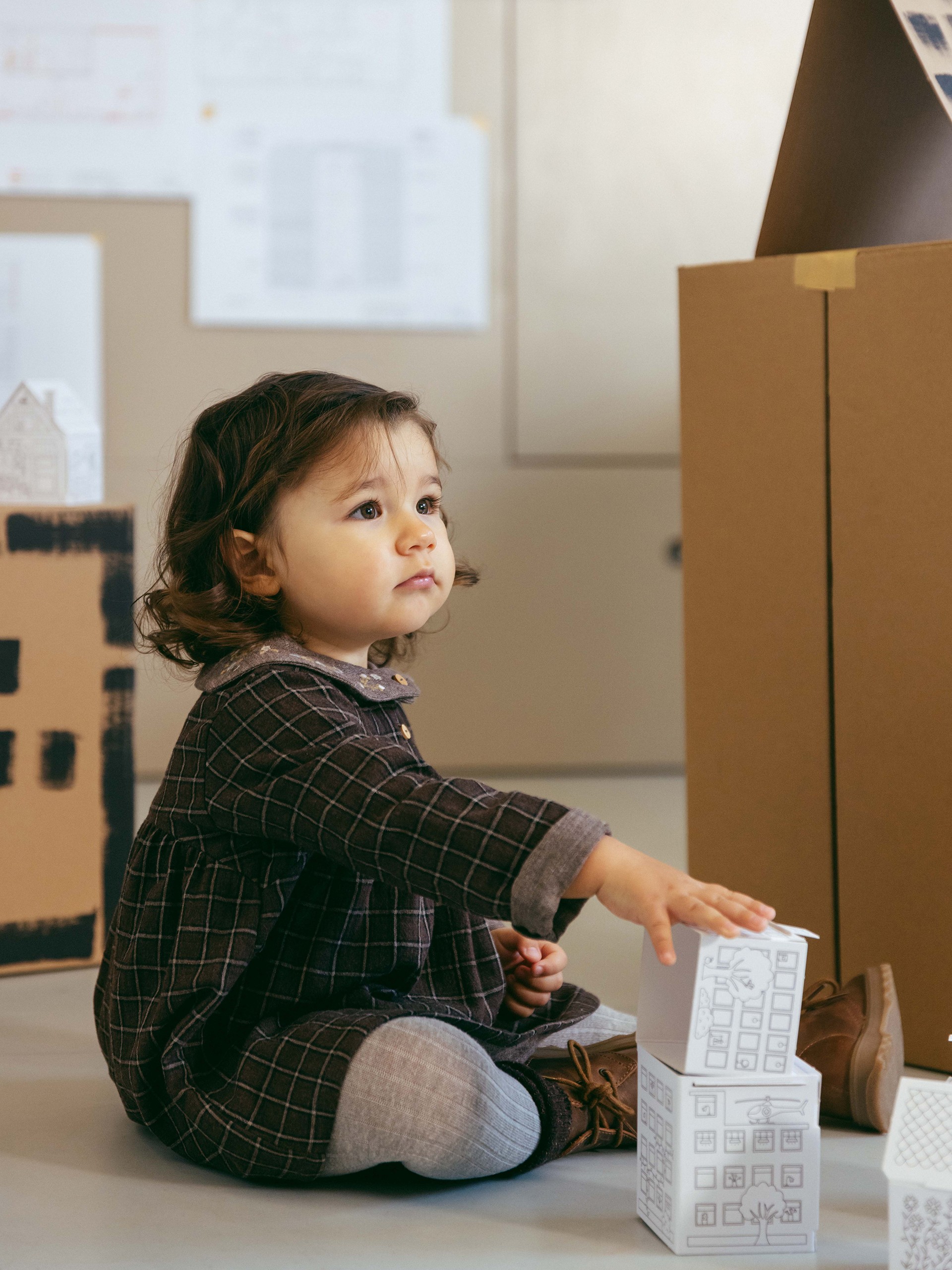 Check dress with embroidered floral detail