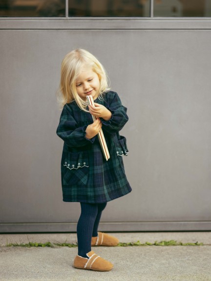 Check dress with embroidered ruffled pocket detail Check dress with embroidered ruffled pocket detail