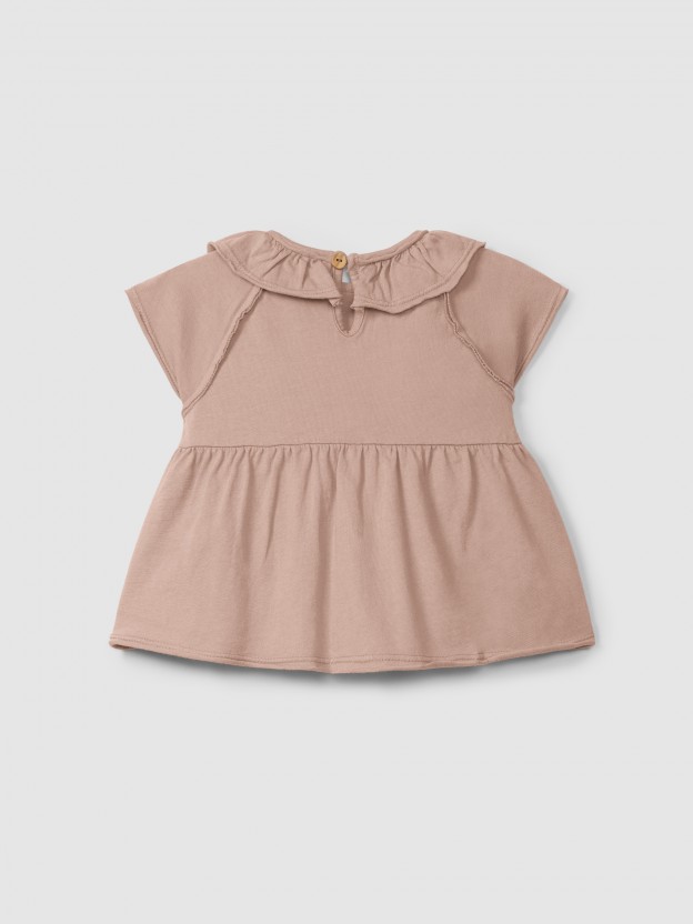 Plain jersey T-shirt with ruffled collar