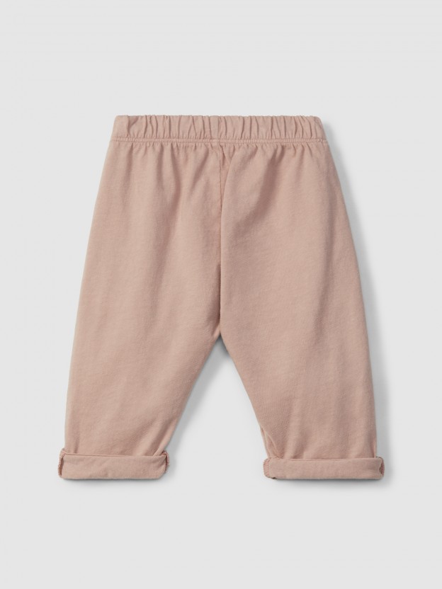 Plain jersey pull-up pants with embroidered details