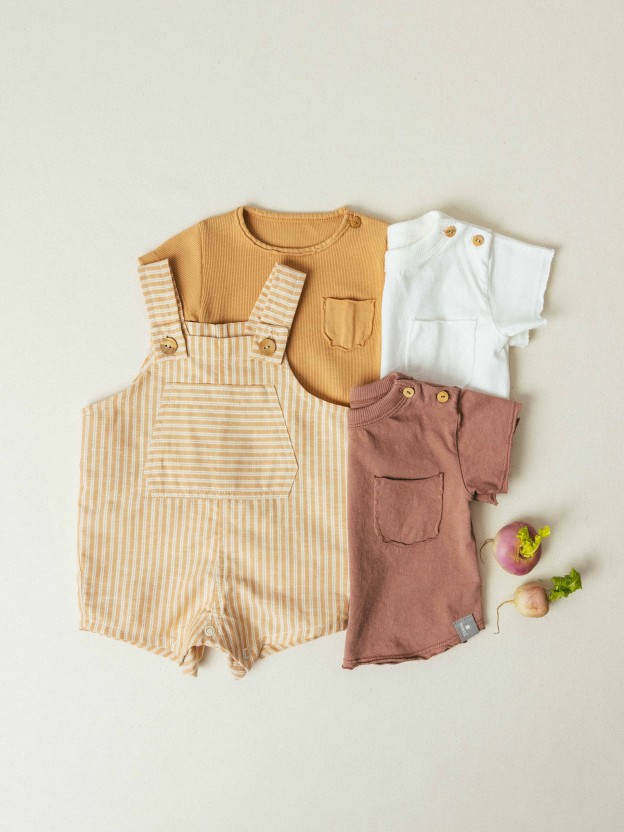 Dungaree shorts in striped fabric with pocket Dungaree shorts in striped fabric with pocket