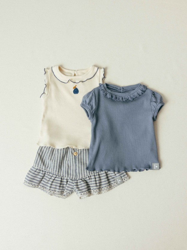 T-shirt em malha canelada com gola bordado ingl�s