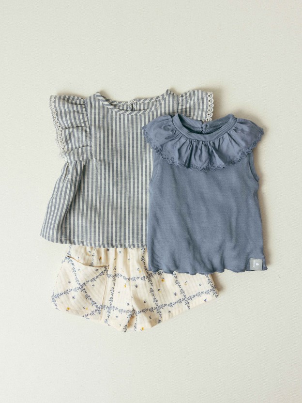 Blouse in striped fabric and English embroidery detail