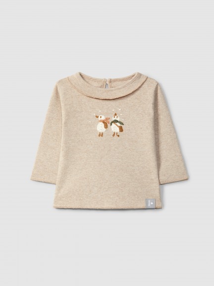 Cotton longsleeve with wool yarn embroidery