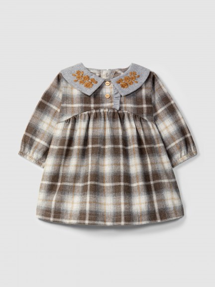 Check dress with embroidered detail on the collar
