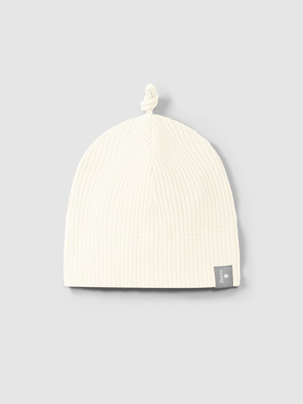 Ribbed jersey beanie with knot Ribbed jersey beanie with knot