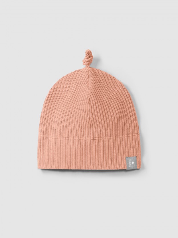 Ribbed jersey beanie with knot Ribbed jersey beanie with knot