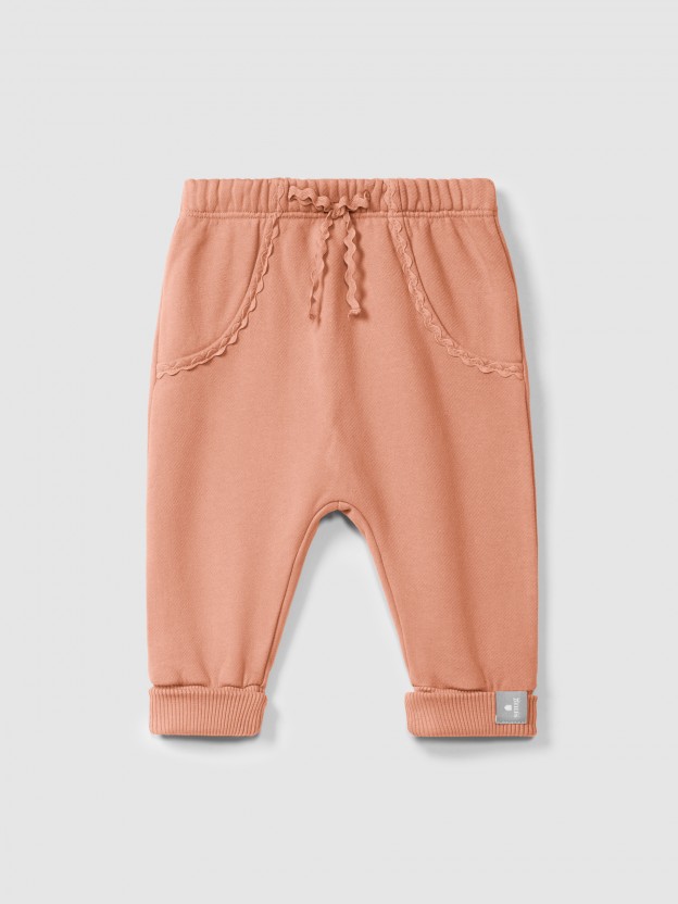 Plush pull-up pants with rickrack detail Plush pull-up pants with rickrack detail