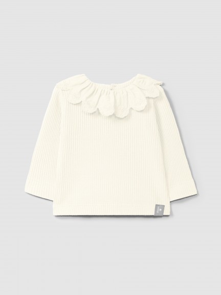 Longsleeve in ribbed jersey with English embroidery collar