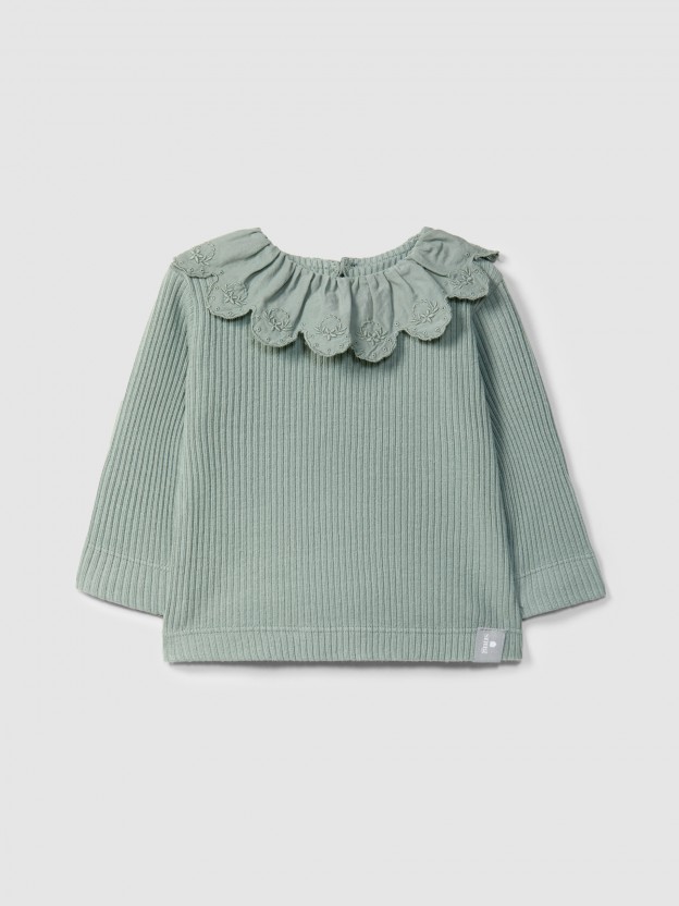 Longsleeve in ribbed jersey with English embroidery collar Longsleeve in ribbed jersey with English embroidery collar