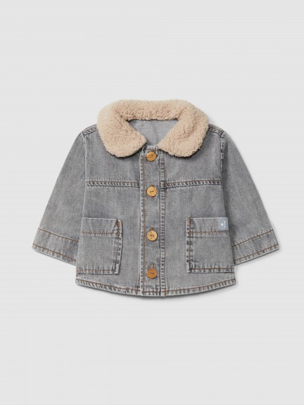 Jacket in denim with removable fur collar