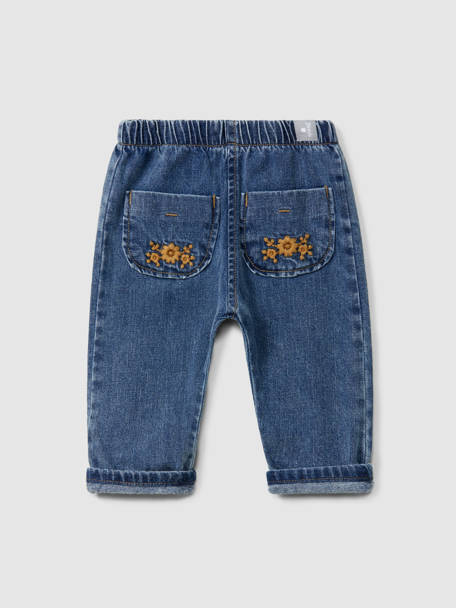 Calças pull-up em denim de algodão orgânico com detalhe de bordado